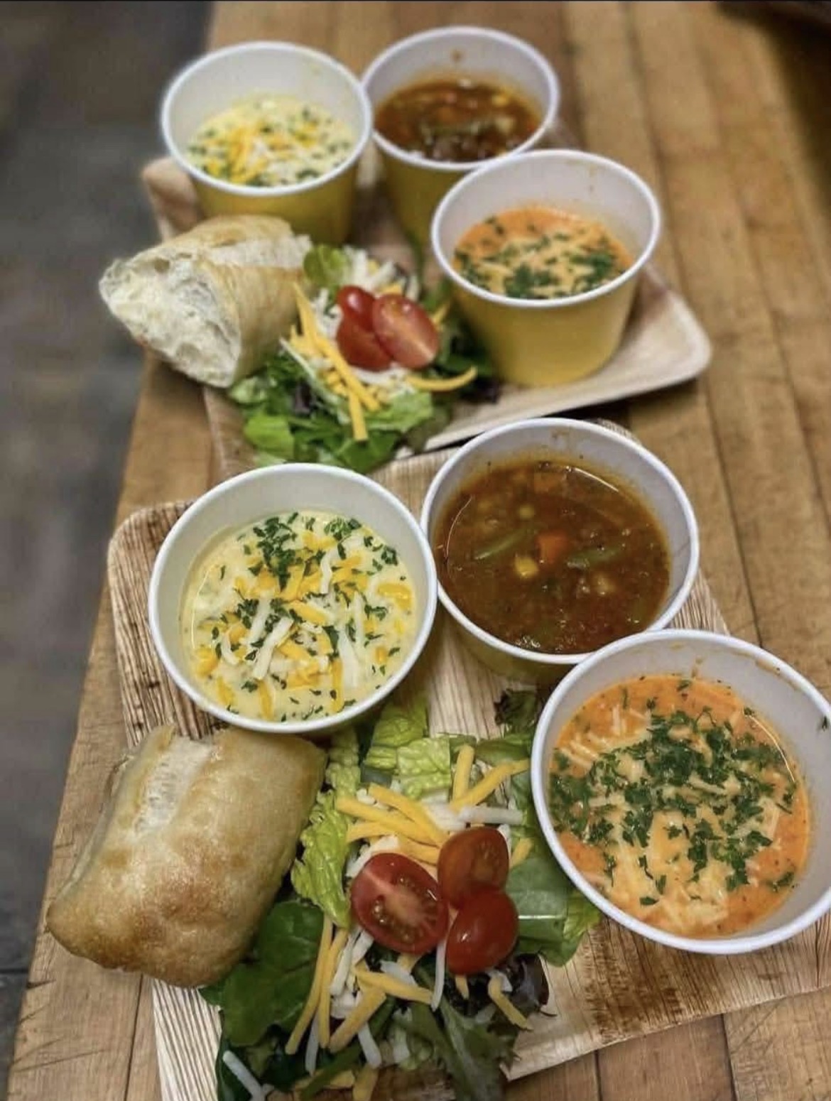 Soup trio with salad and bread